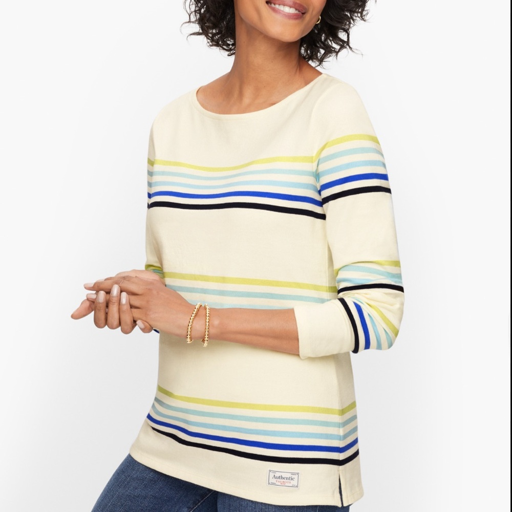Talbots Boat Neck Striped Long Sleeve 100% Cotton Tee L